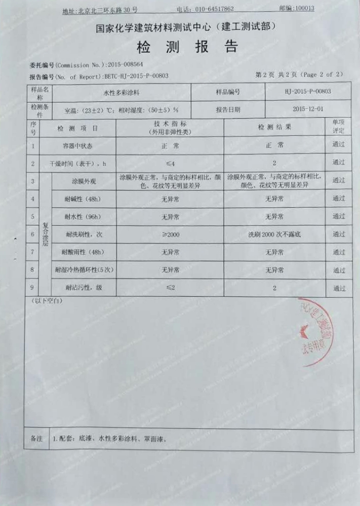 水性多彩涂料檢測報告